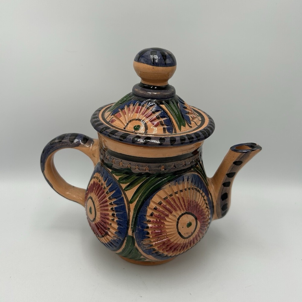 Handmade In Tunisia Teapot Vintage Ceramic Multicolor Hand Painted Design